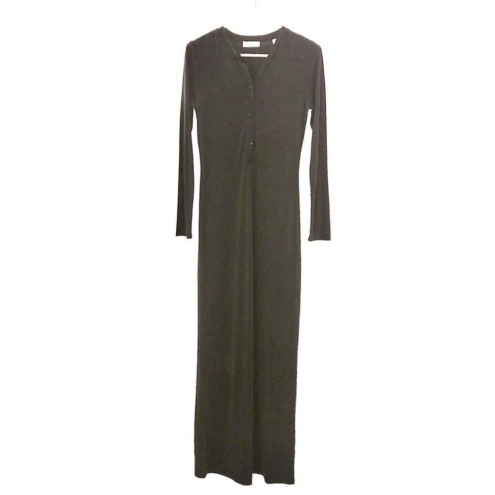 Equipment Femme Black Long Sleeve Maxi Dress Small Henley Modal Blend 4 Buttons